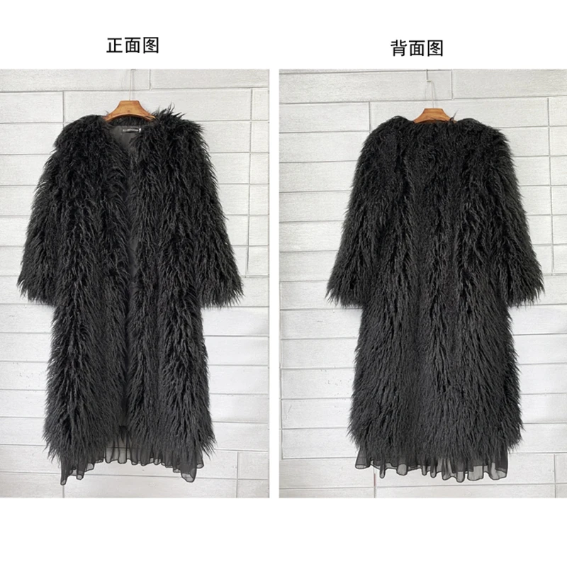 Female Fashion Black Faux Fur Coat Peplum Hem Long Jacket Lady Shaggy Outerwear Women\'s Winter Clothing Promotion