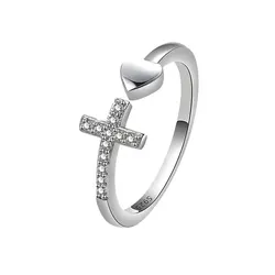 925 Sterling Silver Crystal Cross Heart Open Finger Rings For Women Money 925 Wedding Party Jewelry Gift