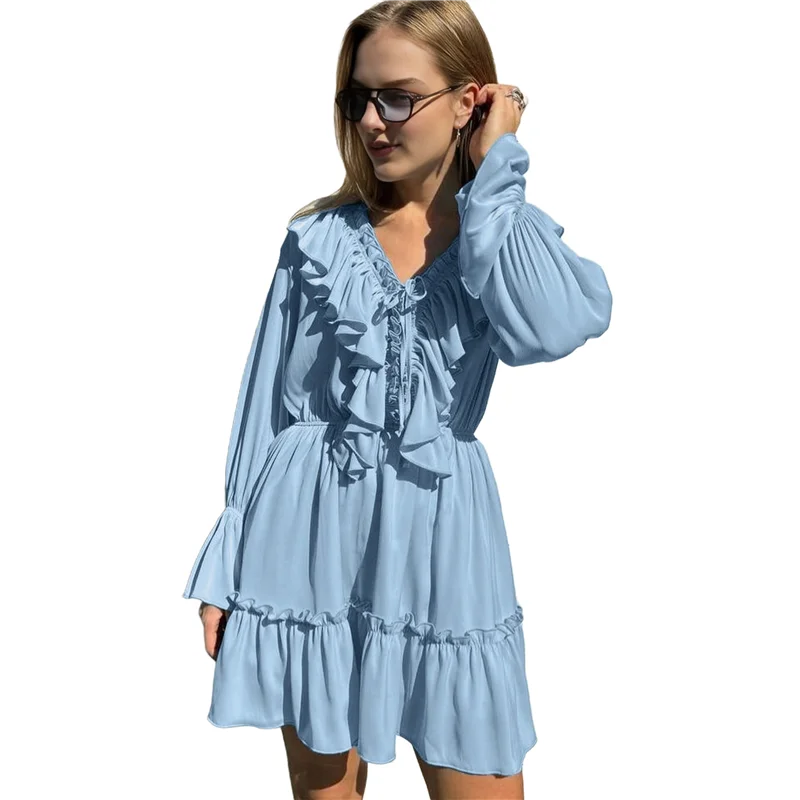 ABRT-femmes col en V décontracté à manches longues robes d'été ample taille haute à volants plissé mignon Mini robe courte