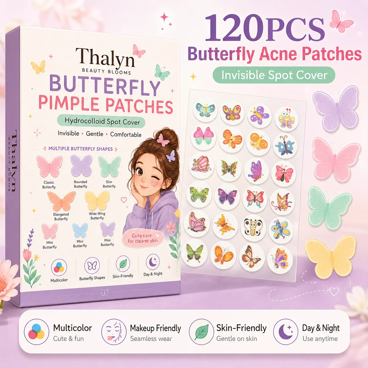 Pimple Patch 120PCS Multicolor Butterfly Stickers Invisible Makeup Skin Cover Decorative Face Patches Fashion Face Stickers