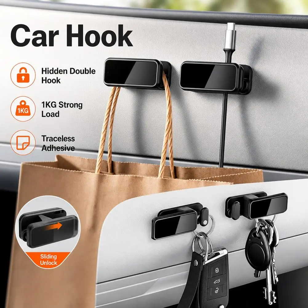 Universal Dual Hook Storage Clip, Hidden Sliding Buckle Cable Holder for Vehicle & Home Desk Organizing Tool Self-Adhesive Hook
