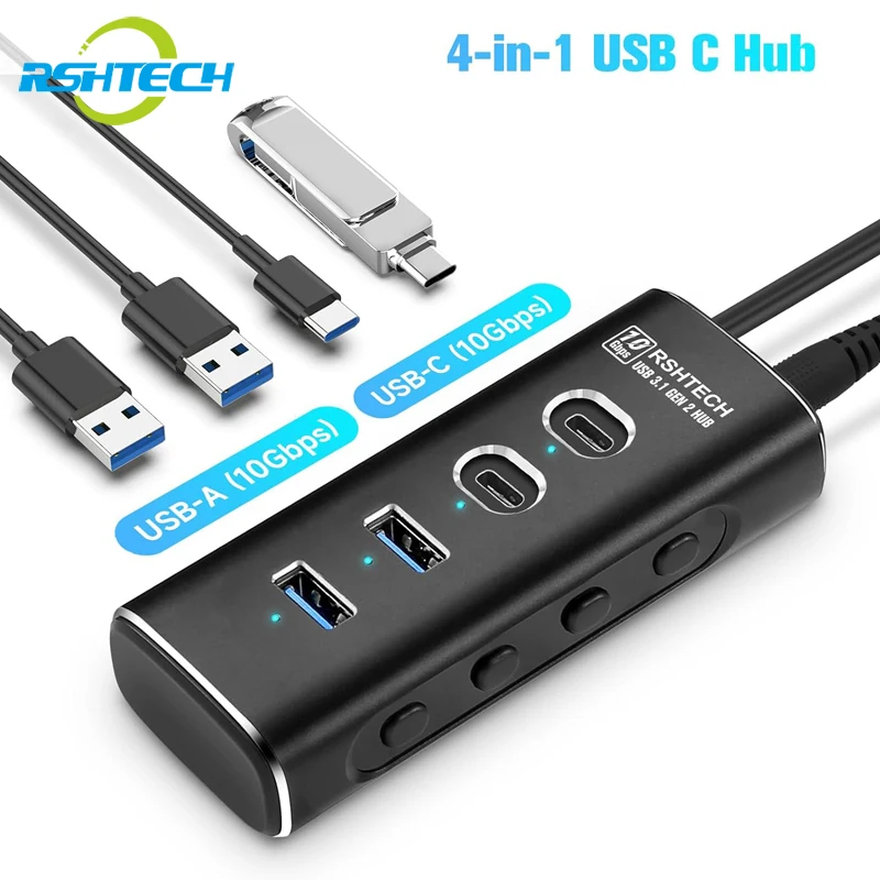 

USB-концентратор RSHTECH 10 Гбит/с, алюминиевый 4-портовый разветвитель типа C с 2 внешними и 2 внешними USB-портами, адаптер для расширения данных для ноутбука