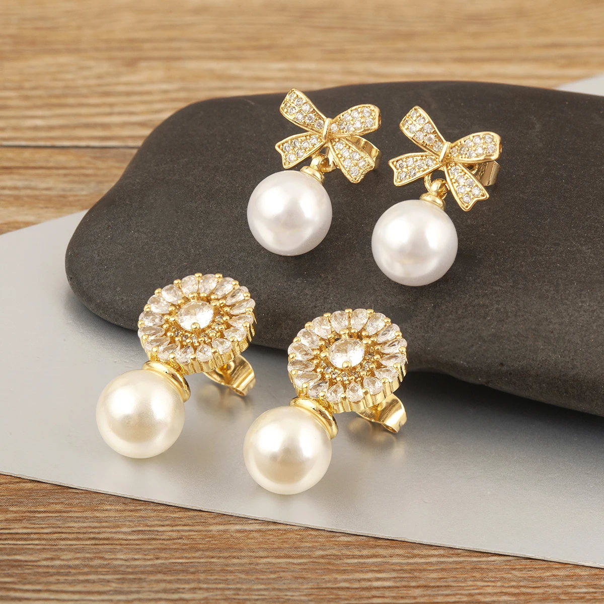 Nidin Лидер продаж, роскошные серьги-гвоздики с бантом/круглым/в форме сердца для женщин, женские серьги-гвоздики с кристаллами и цирконием, жемчугом, модные украшения для ушей, подарки