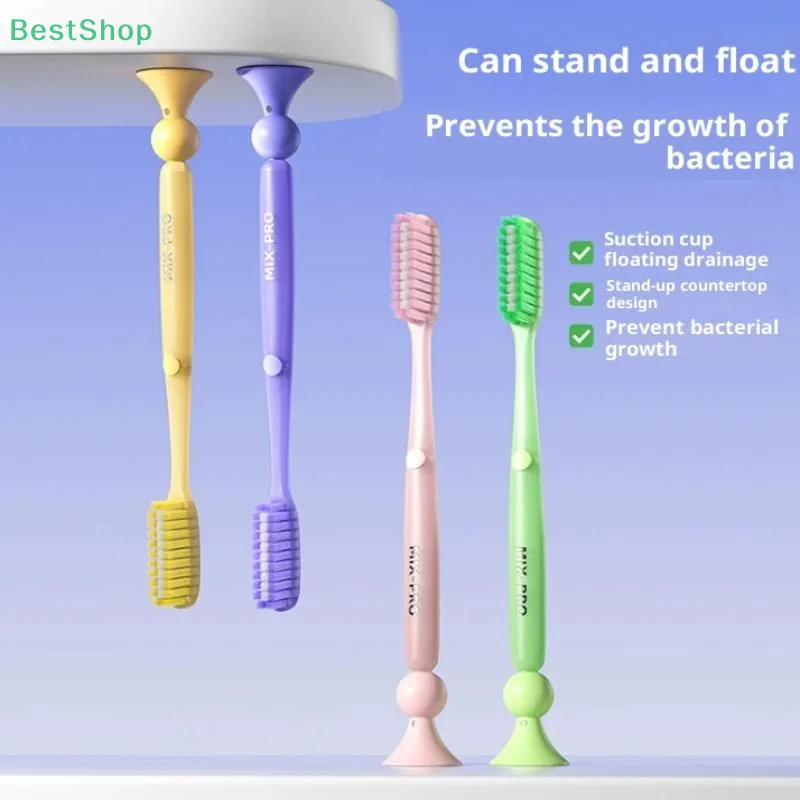 ♥Extra-long Brush Head Antibacterial Soft Bristle Toothbrush With Non-slip Handle And Suction Cup Base Upright Design