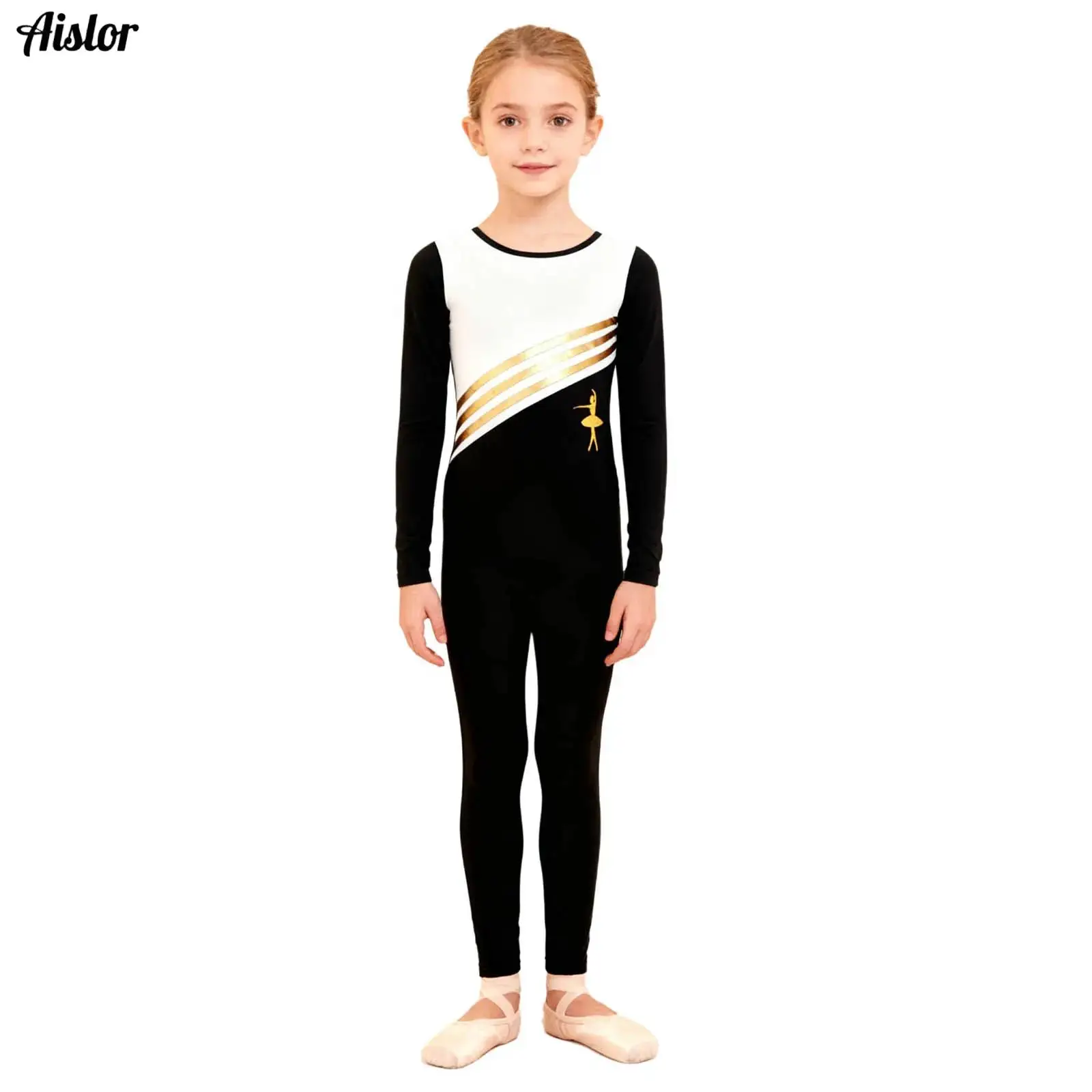 

Kid Girls Acrobatic Gymnastics Bodysuit Fleece Lined Long Sleeve Color Block Legging Jumpsuit Leotard Dancewear Training Clothes