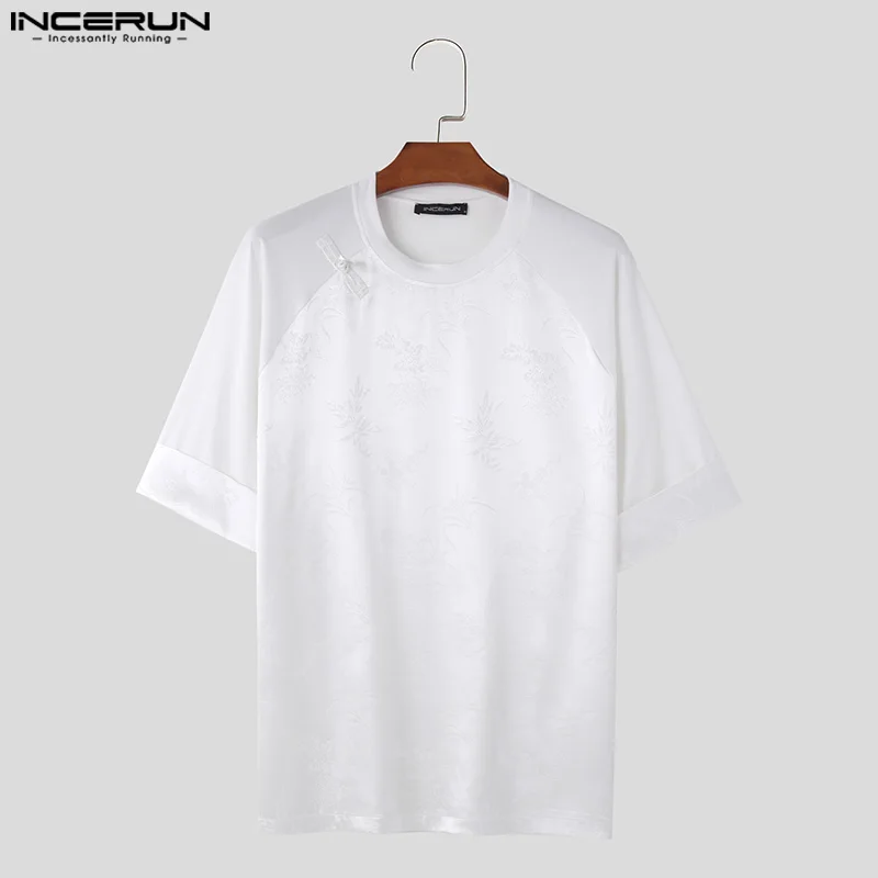 INCERUN Tops 2024 Korean Style Men Satin Jacquard Splicing T-shirts Casual Streetwear O-neck Buckle Short Sleeved Camiseta S-5XL