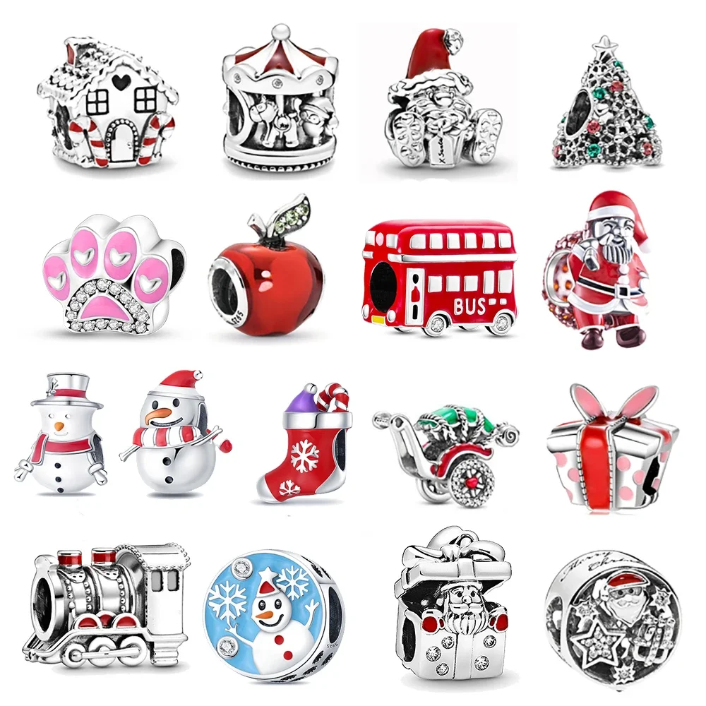 

925 Sterling Silver Glitter Christmas Tree Reindeer Snowman Sweet Home Charm Bead Fit Original Pandora Bracelet Jewelry Women