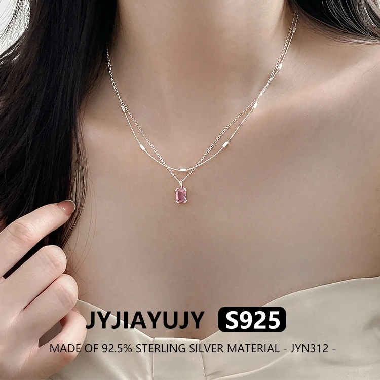 

JYJIAYUJY 100% цельное оригинальное двухслойное ожерелье из стерлингового серебра S925, в наличии, модная повседневная одежда с квадратными розовыми бриллиантами JYN312