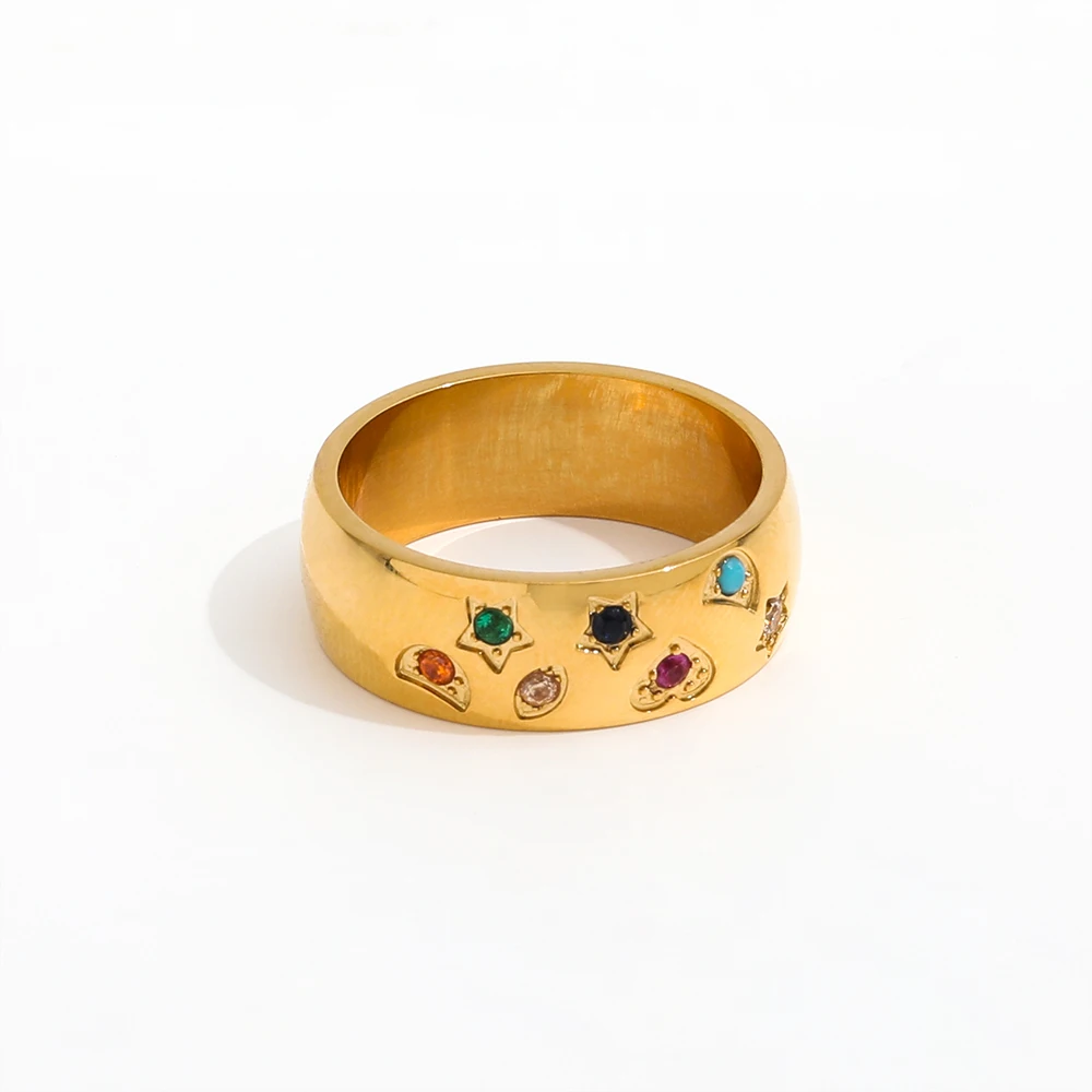 

Joolim Jewelry Wholesale High End Pvd Tarnish Free Fashion Wide Surface Coulorful Zirconia Stainless Steel Ring for Women