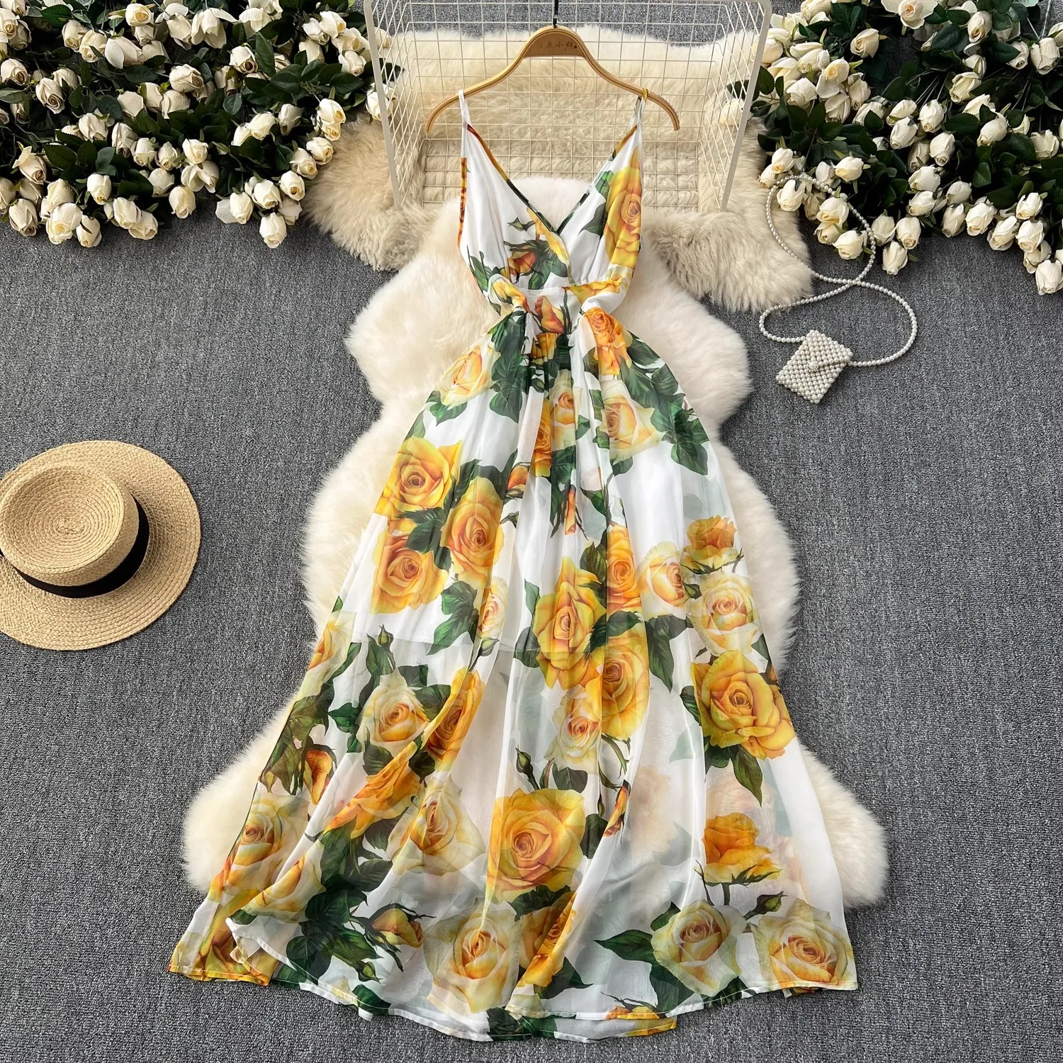 Dames Bloemenprint Spaghettibandjes Zomer Boho Strand Chiffon Jurk Print Elegante Bretels Sexy V-Hals Lange Jurk Vestidos 581