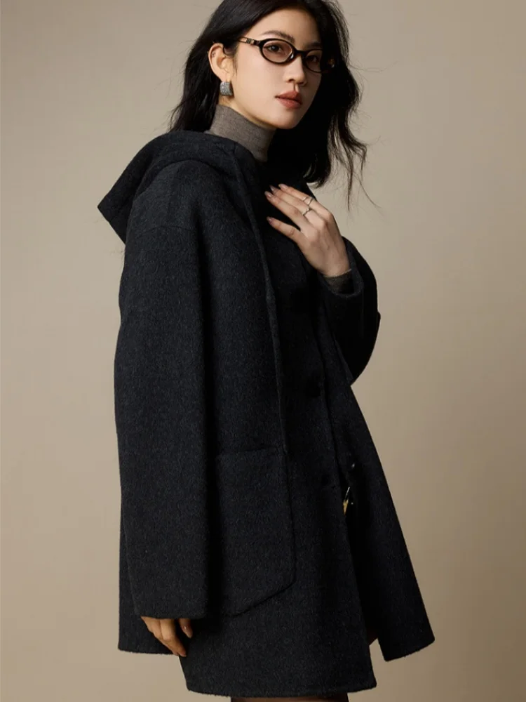 Birdtree، معطف قصير من صوف الأغنام بنسبة 70%، قطع علوية نسائية بغطاء للرأس، صوف مزدوج الجانب، معطف خريف وشتاء 2025، أبيض، رمادي، وردي T5N514JF #2