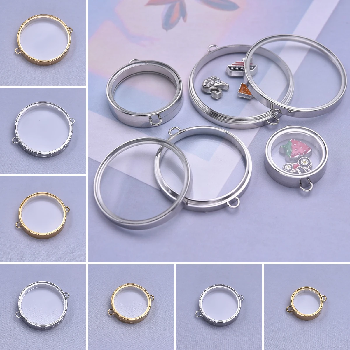 5pcs/lot Stainless Steel Glass Floating Lockets with Double Hanging Holes No Fade Lockets Pendant Jewelry Medallion Photo Keeper