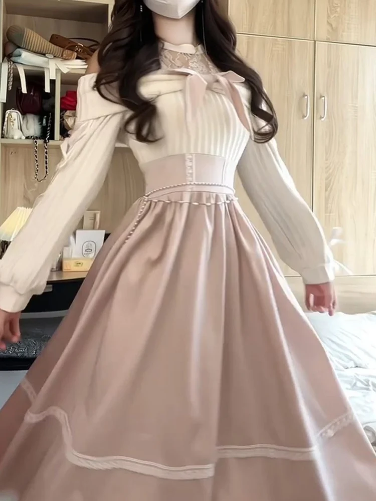 

Ele Sweet Knot Long Sve A-Line Dr женское осенне-зимнее облегающее платье с высокой талией для кампуса, свидания, повседневного путешествия