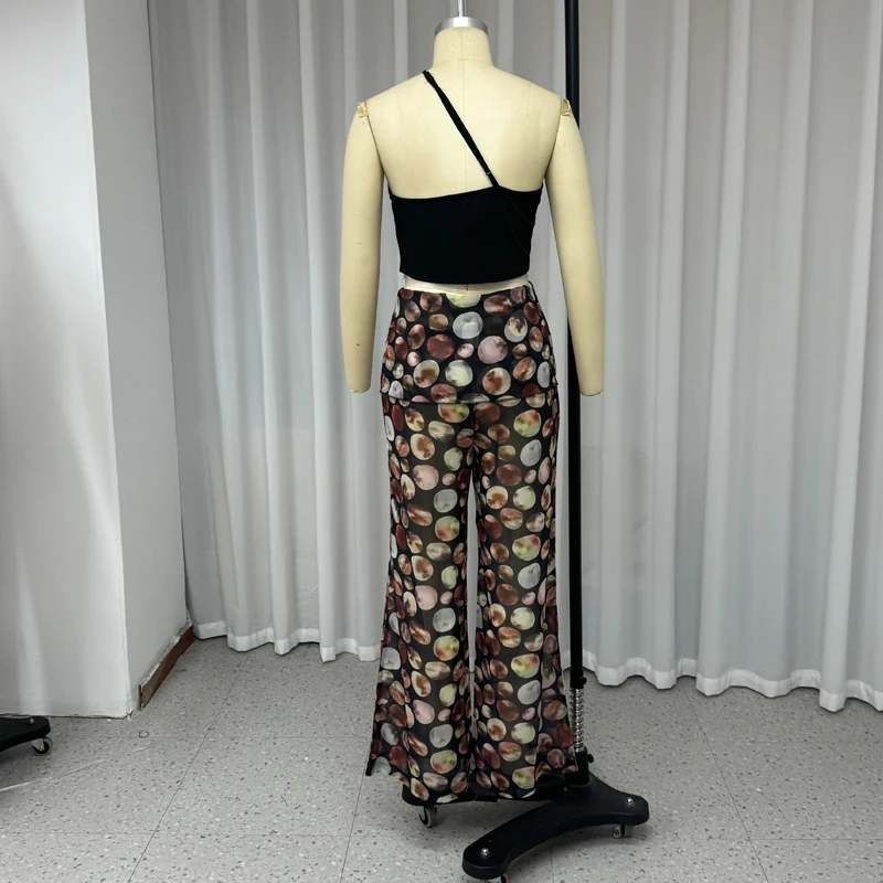 Wefads Two Piece Suit 2024 Summer Women Casual Sleeveless Solid Solid Skew Collar Top Printed Wide Leg Pants Sets Streetwear