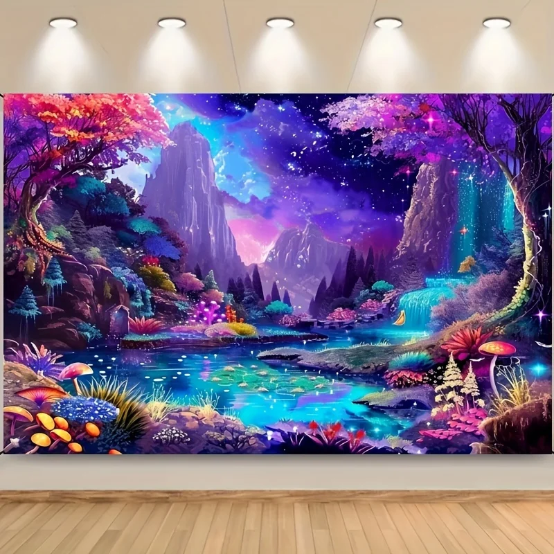 Ein Stück Fantasy Forest Polyester-Hintergrundstoff – Mond, Schmetterling und Sternenhimmel, geeignet für die Wohnzimmerdekoration