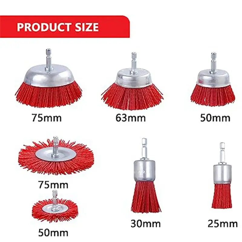 B03C-7 Pack Nylon Filament Abrasive Wire Brush With 1/4 Inch Hex Shank, Nylon Drill Brush Set