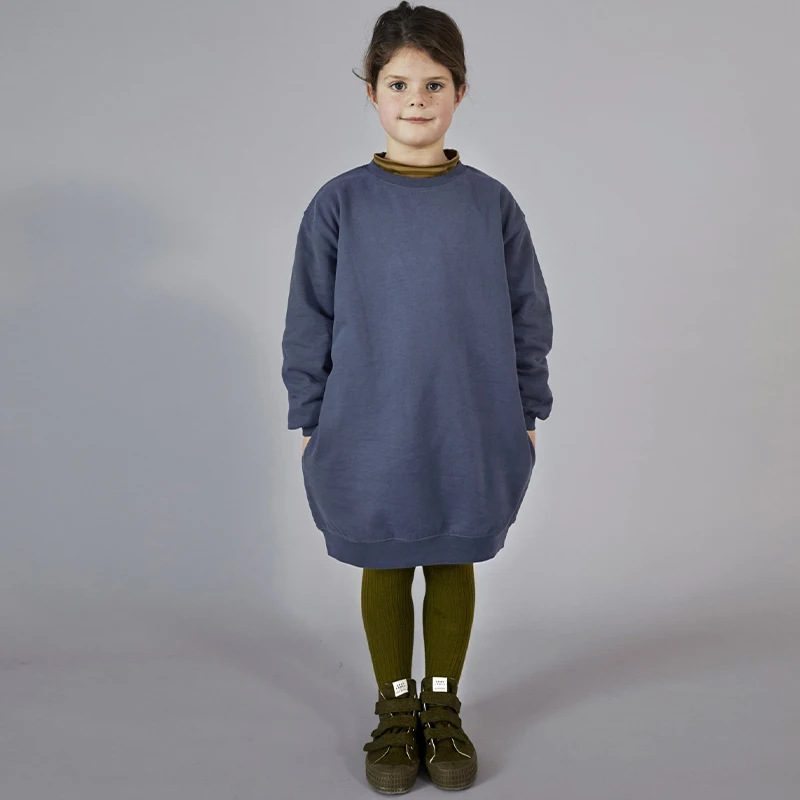 Winter neue Mädchen Bio-Baumwolle Kleid Kinder Rundhals ausschnitt lange Ärmel warme und bequeme gerade Kleider mit Taschen tz341