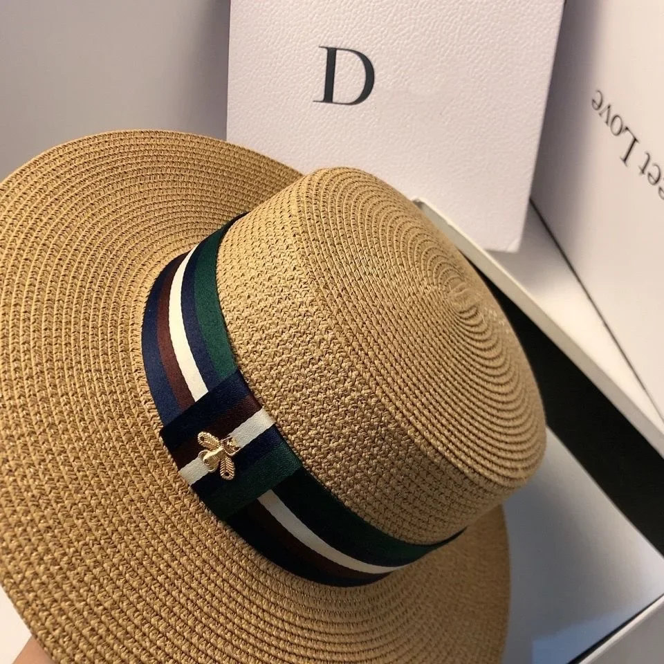 Women Summer Wide Brim Straw Hat Multicolor Striped Bee Embroidery Fashion Outdoor Travel Sun Protection
