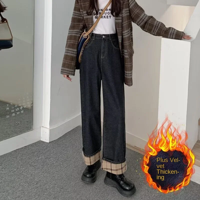 

Womens Jeans Y2k Jeans High Waist Wide Leg Straight 2025 New Winter Fleece Lined Loose Fit Trousers Slimming Flare Pants