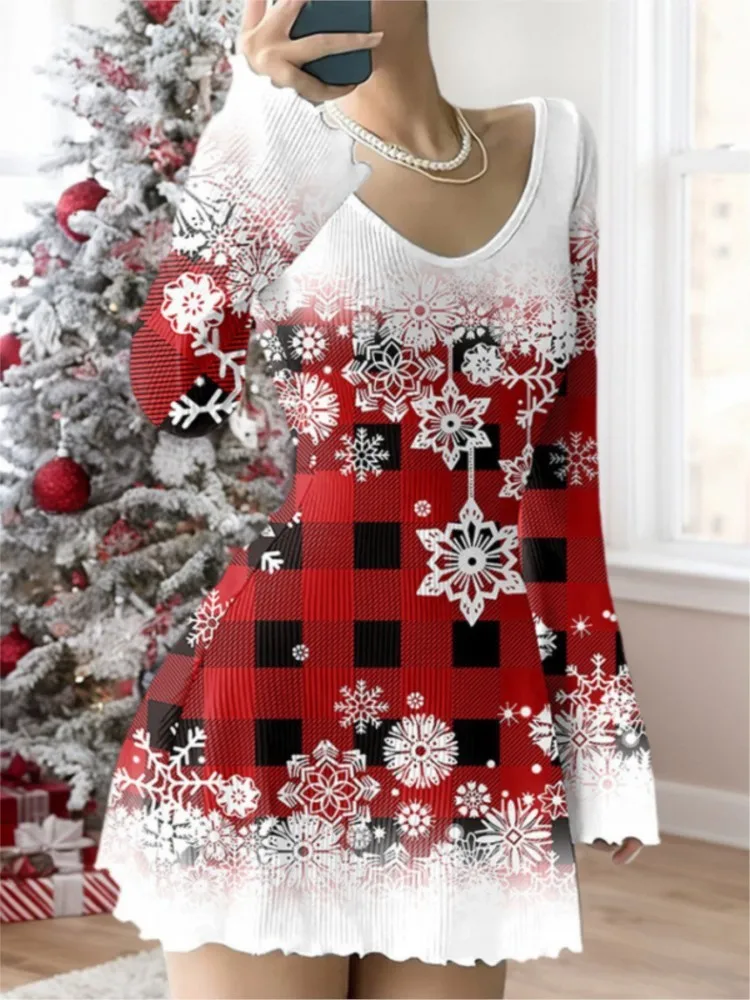 

Christmas V-neck Bell Sleeve Mini Dress For Women Autumn Winter Fashionable Christmas Printed Waist Dresses For Women 2025