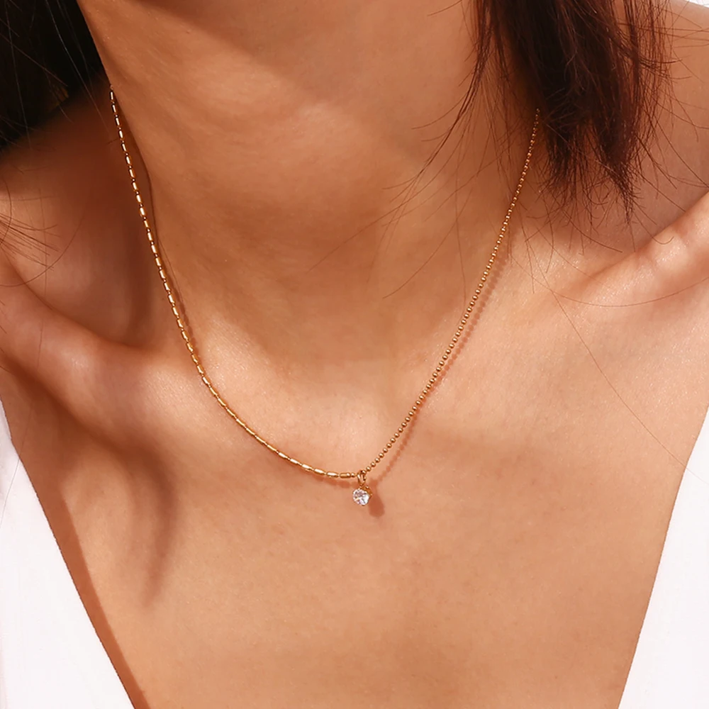 La. Muses Asymmetric Rice Bead Round Bead Chain Cubic Zirconia Pendant Stainless steel Women\'s Necklace High-end Jewelry Gift