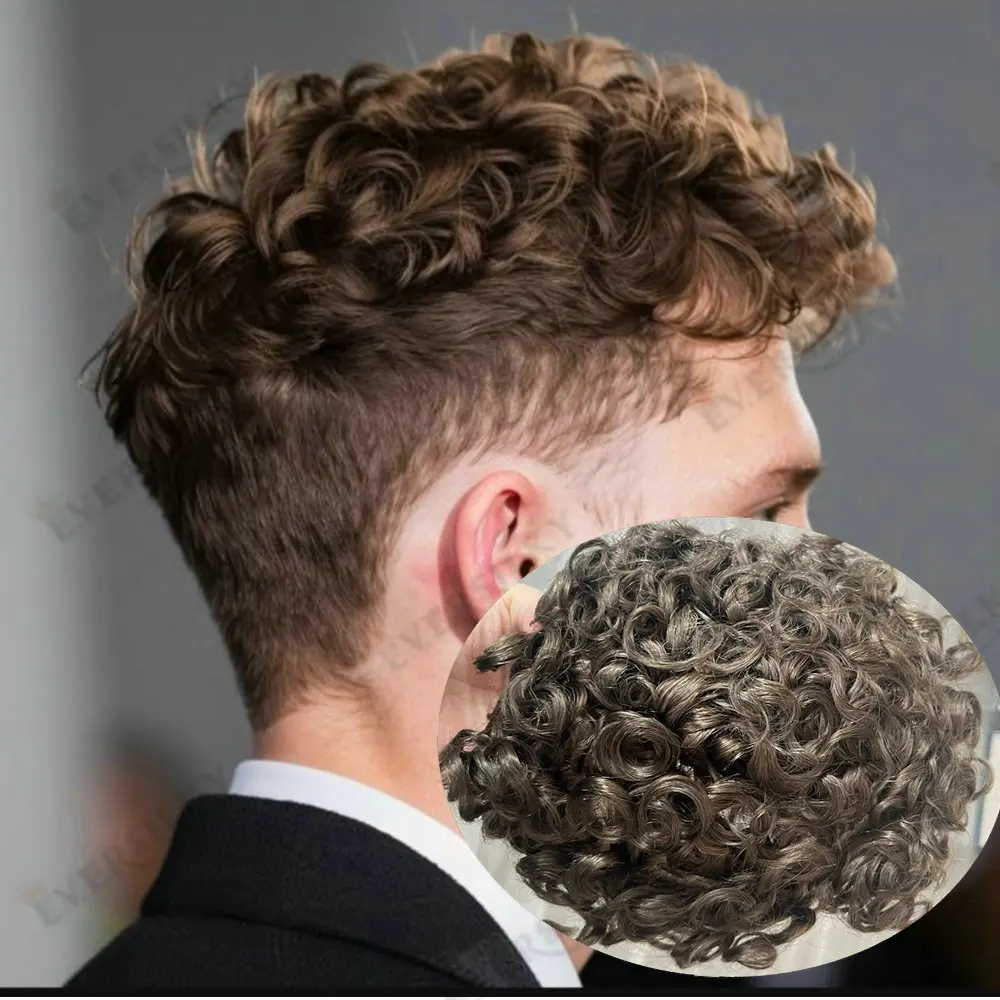 Natural Hairline 20mm Curly Dark Blonde Human Hair 0.06mm Full Skin Men Toupee Brown Grey Undetectable Hair Prosthesis Capillary