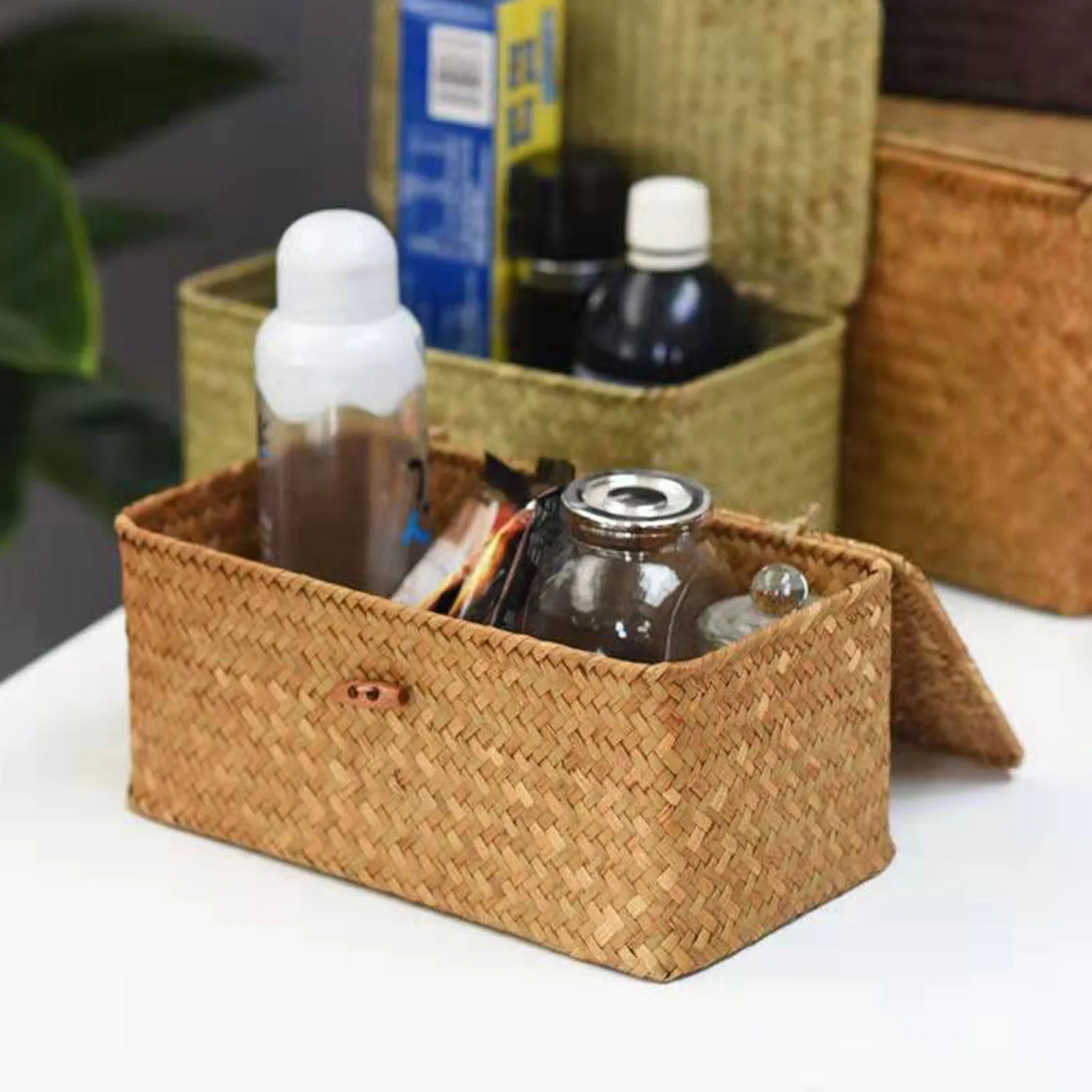 Wicker Storage Basket Woven Rattan Storage Laundry Basket With Lid Straw Weaving Storage Box Solid Fashion Storage Box