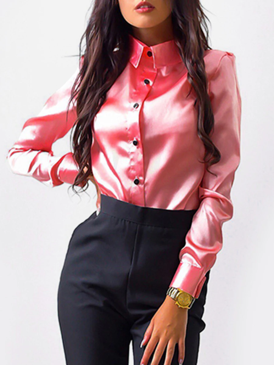 2024 Female New Spring and Autumn Clothing Girls\' Satin Shirt Long Sleeve Collar Button Top Women\'s Minimalist Commuter Wear