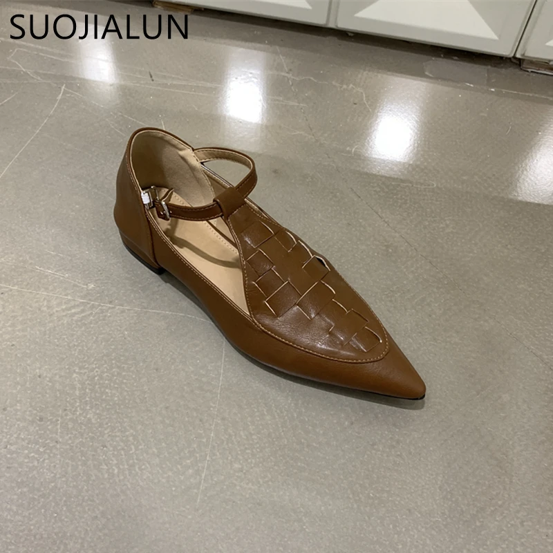 SUOJIALUN Autumn New Brand Women Flat Shoes Fashion Pointed Toe Weave Ladies Casual Britainty Style Shoes Flat Heel Laofer Shoes