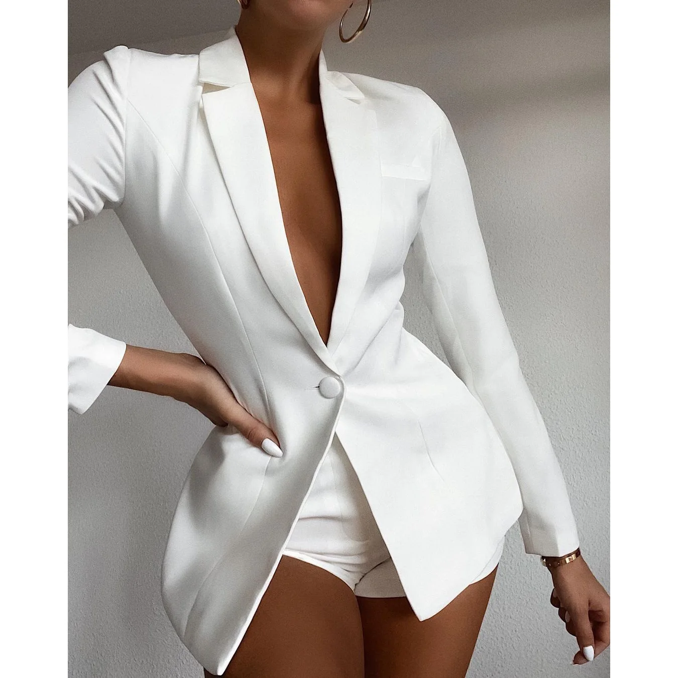 

Faionable One Button Two Piece Suit Set Loose Fit Single Button Ensemble Sli Women's Clothing Polyester Material