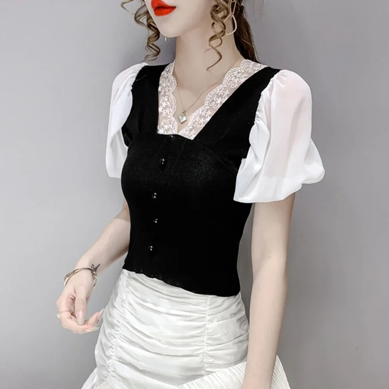 Women Sexy Crop Tops Summer 2024 Fashion Lace Pathwork V Neck Blusas Mujer Slim Casual Puff Sleeve Black White Corset Blouses