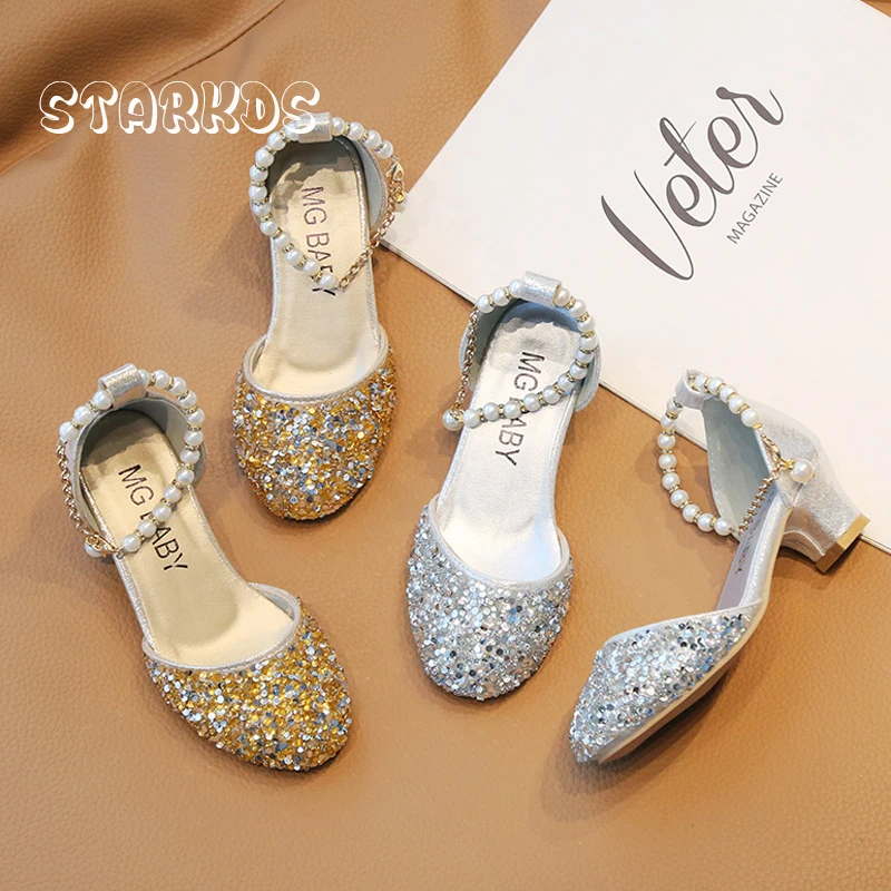 Bling Stage Dance Shoes For Girls Luxury Low Heel Glitter Sandals Kids Gold Silver Wedding Party Pumps with Ankle Pearl Chains