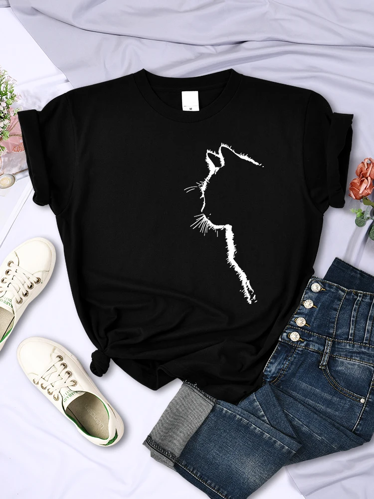 Simple Strokes Of Cat Funny Printed Women T-Shirt Fashion Casual Short Sleeve O-Neck Personality Street Tee Clothing Summer Tops