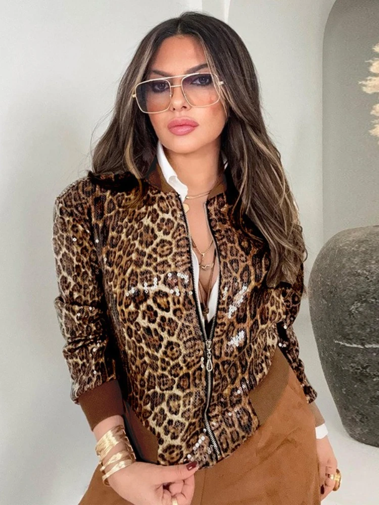 

Foamlina Women's Leopard Print Jacket Fashion O-neck Long Sleeve Sequins Zipper Up Short Outwear Coat Casual Autumn Streetwear