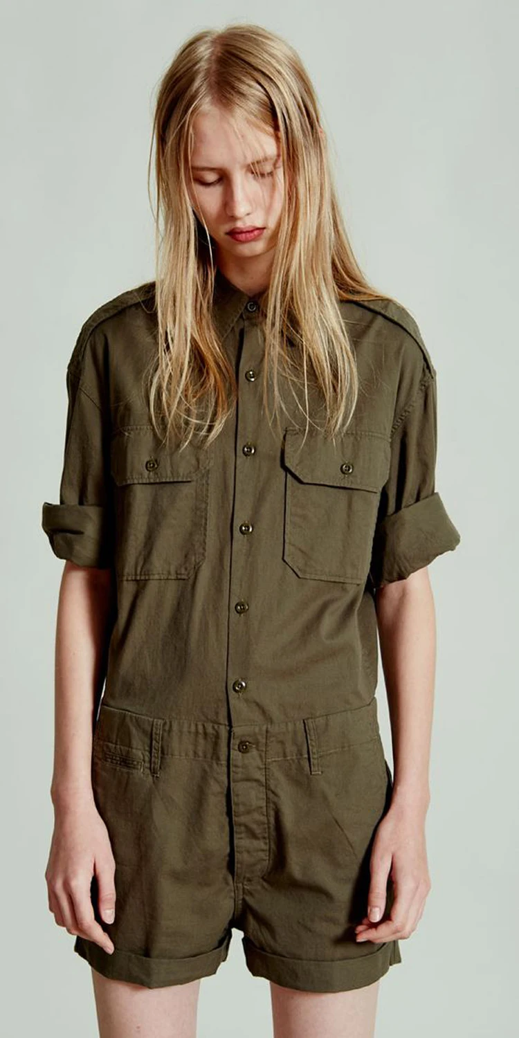 

Homemade military green jumpsuit long sleeved shorts