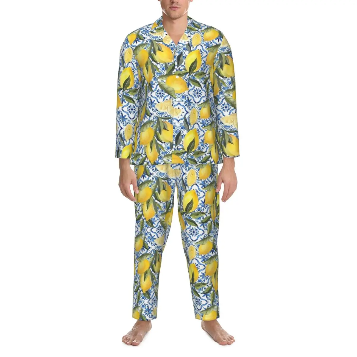 Vintage Lemon Pajamas Mens Blue and White Tiles Kawaii Home Sleepwear Spring 2 Piece Casual Oversized Custom Pajama Set