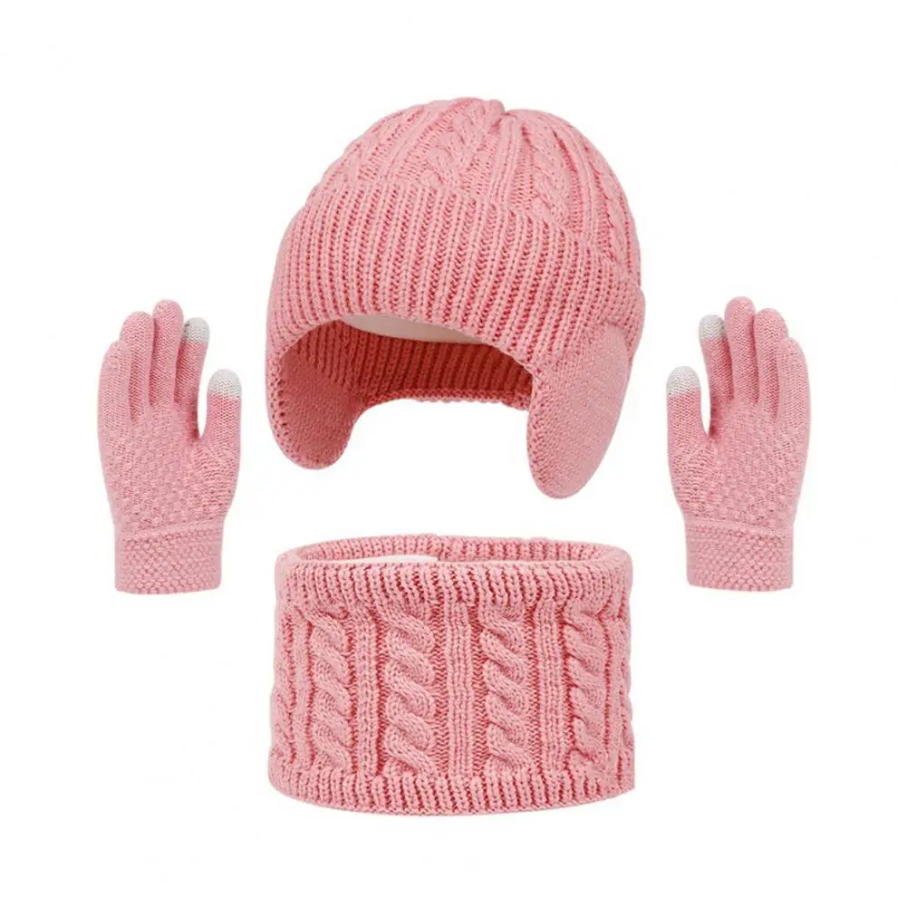 ชุดถุงมือผ้าพันคอหมวกฤดูหนาวสำหรับเด็ก 3 ชิ้น - ผิวสัมผัสบิดเกลียวสีสันสดใสพร้อมซับในผ้ากำมะหยี่หนา อุปกรณ์เสริมถักนิตติ้งที่ให้ความอบอุ่น