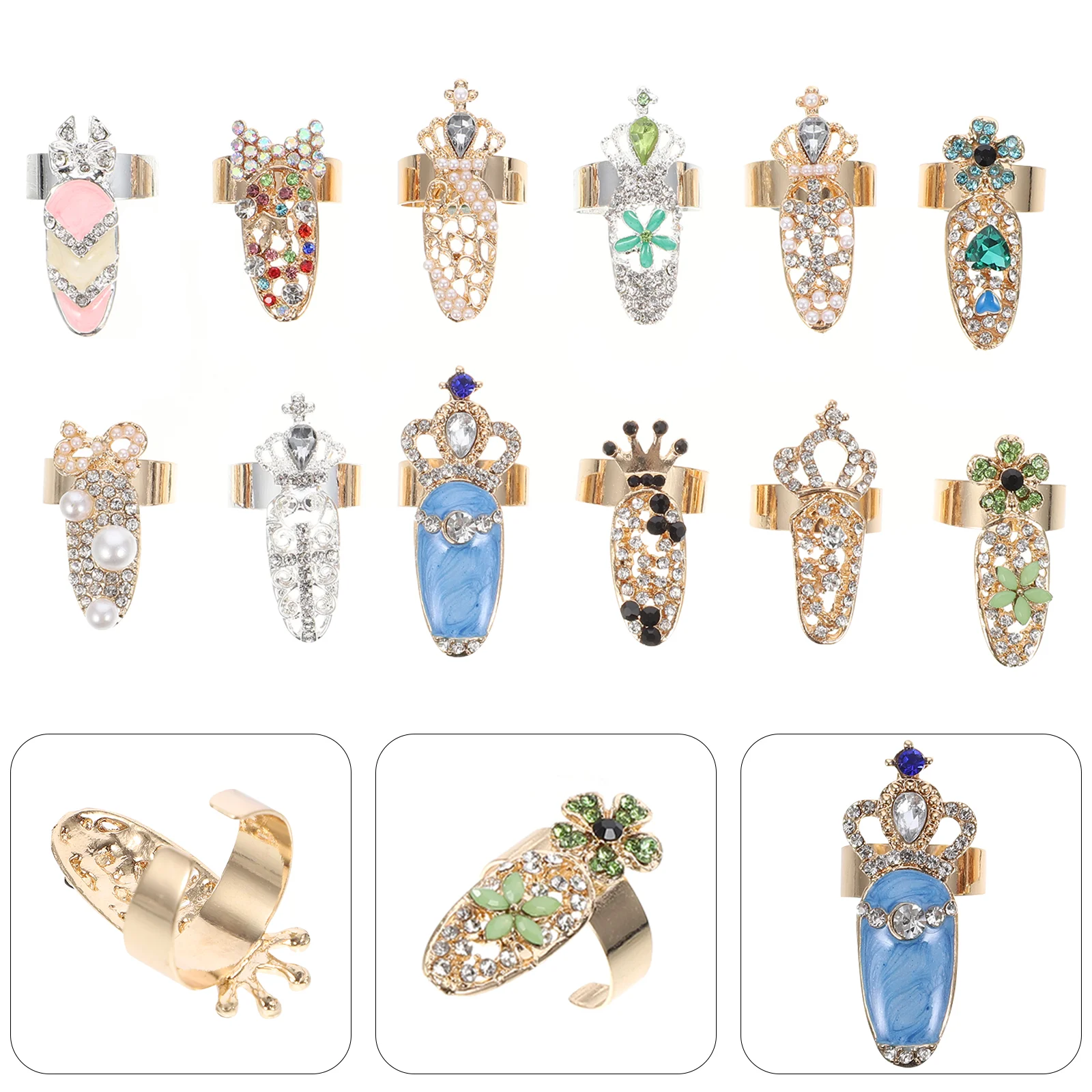 

12 Pcs Nail Set Ring Charm Crown Rings for Women The Chic Finger Nails Manicure Knuckle Diamond Halloween