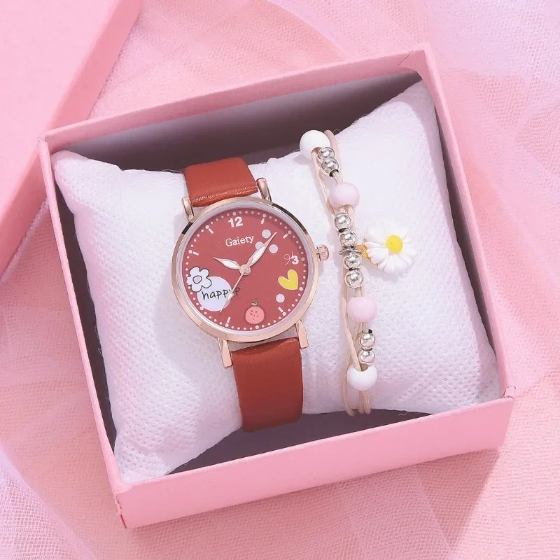 Fashion Students\' Clock Kids Watches Pink Cute Children\'s Wristwatch Cartoon Pattern Quartz Watch Set for Girls Relogio Feminino