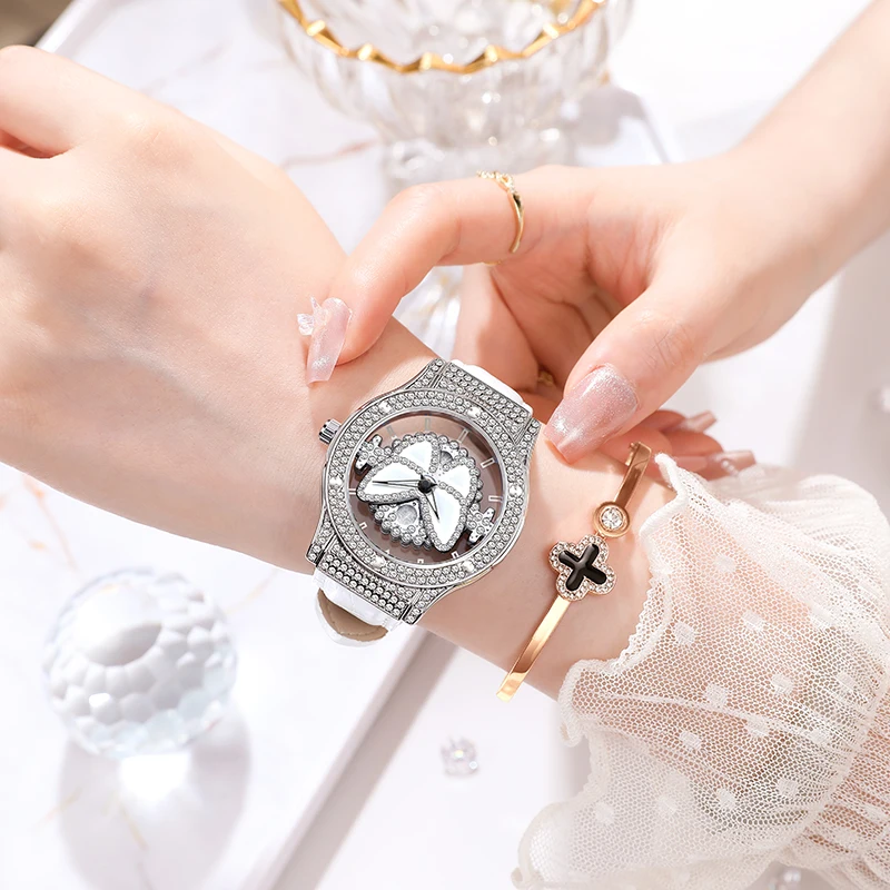 ROMITIME Watches for Woman Butterfly Motif Rotating Dial Calfskin Strap Quartz Waterproof Fashion Ladies' Wristwatch for Gifts