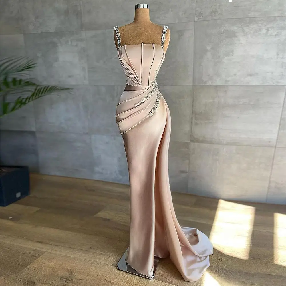 Satin Celebrity Dresses Champagne Pink Beading Mermaid Sequins Ruched Sexy Vintage Side Split Formal Prom Party Evening Gowns