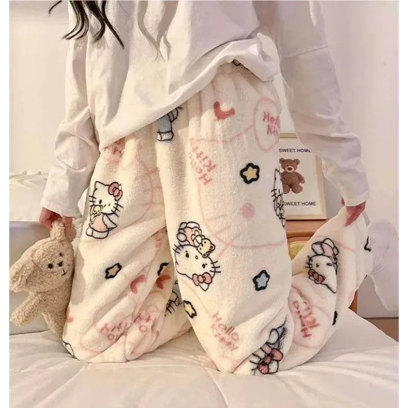 Womens Flannel Pajama Pants Hello Kitty Teddy Bear Heart Print Cream White Wide Leg Soft Fleece Sleepwear Lounge Trousers