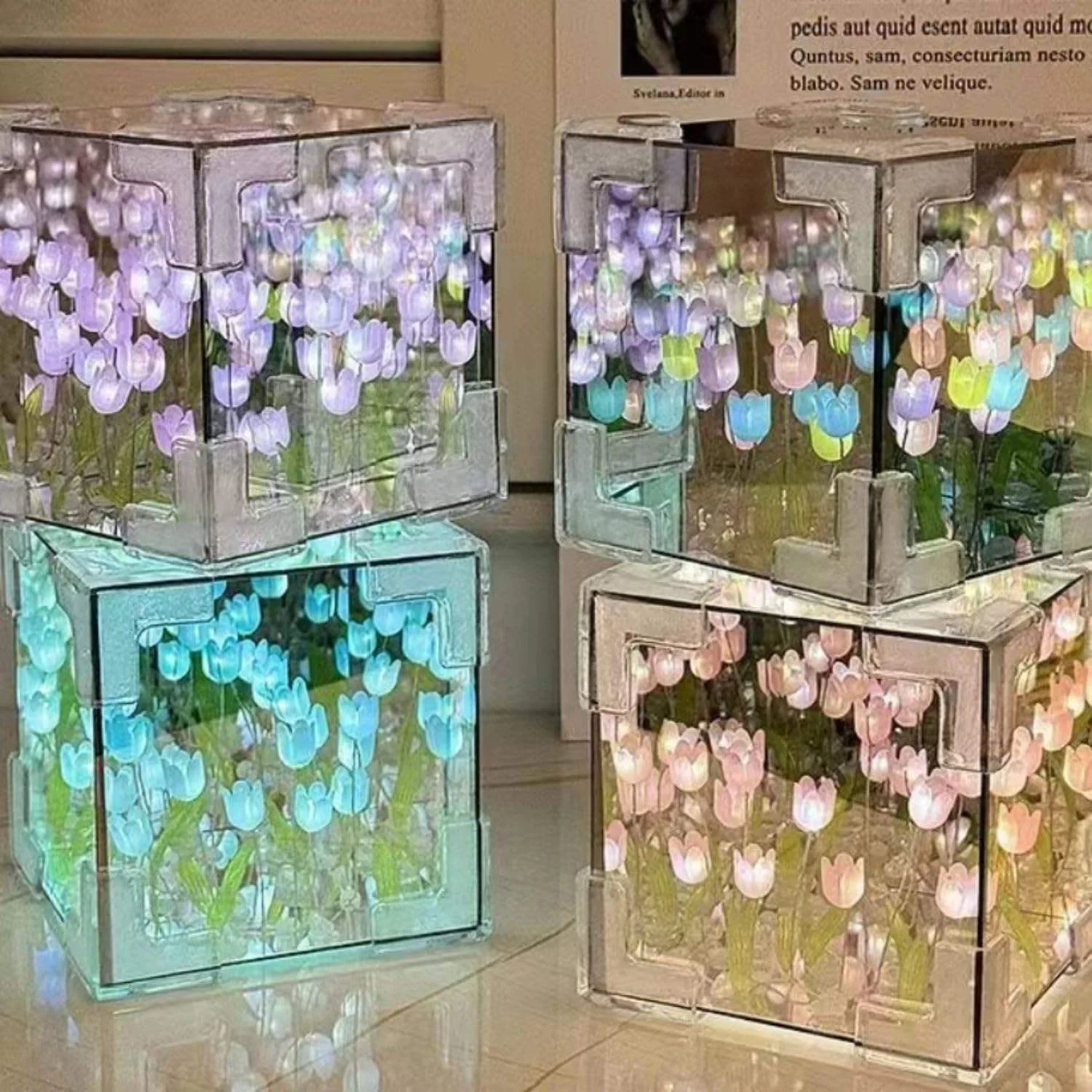 DIY Handmade Tulip Mirror Cube Lamp Simulation Flower Bedroom Sleeping Table Lamp Craft Tulips Mirror Night Light Birthday Gift