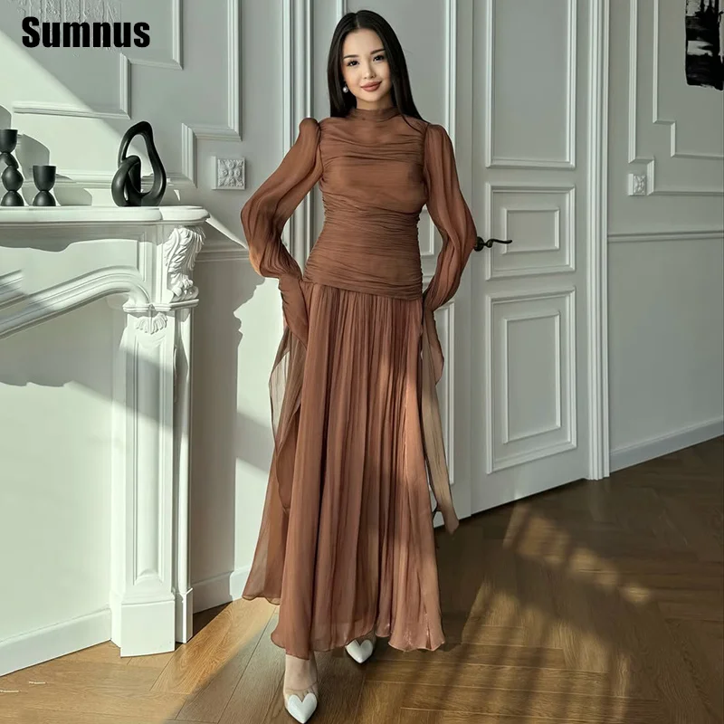 

Sumnus Elegant A-Line Evening Dresses High Neck Pleats Long Sleeves Saudi Arabia Formal Dresses فساتين سهرة Customized