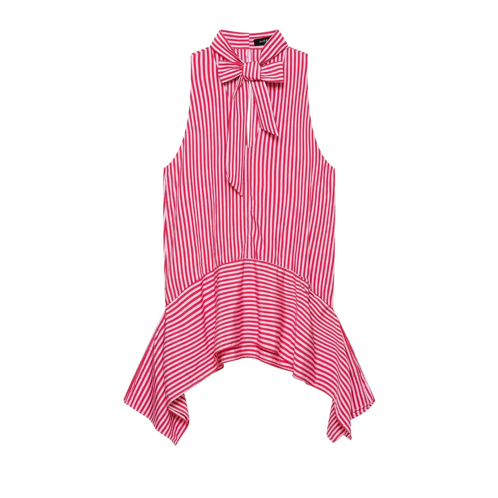 HH Französischer Stil Rot Gestreiftes Neckholder-Top Damen Bluse mit Schleifenkragen Unregelmäßiger Rüschensaum Sommer Picknick Resort Strand Outfit – Detail 2