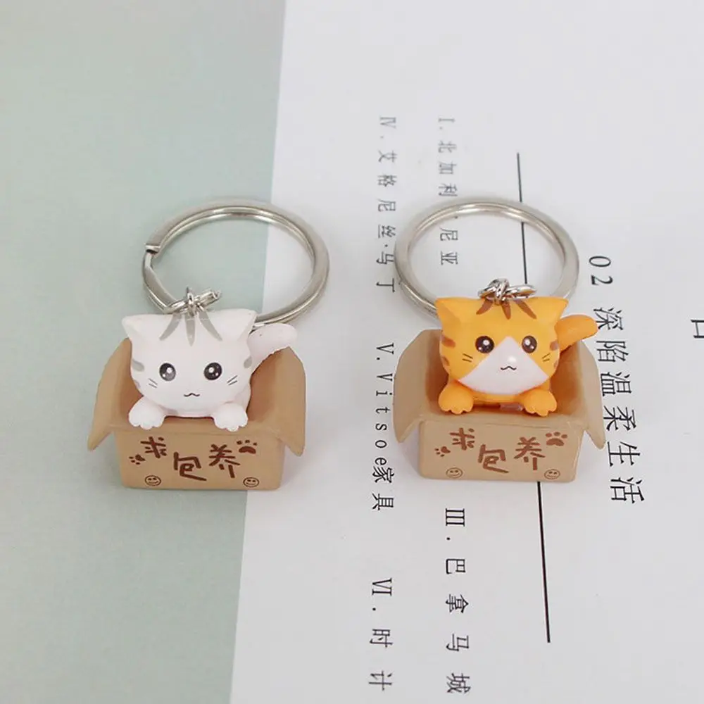 Fashion Cartoon Resin Little Cat Box Decorations Key Ring For Men Women Bag Charm Pendant Keychain