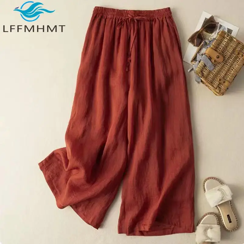 Pantaloni a gamba larga in lino di cotone di buona qualità moda estiva da donna Pantaloni comodi di base semplici in vita elastica femminile tinta unita