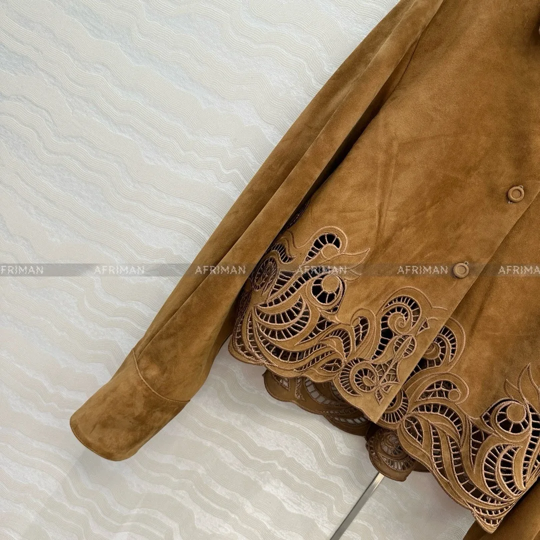 Camicia da donna in pelle di agnello scamosciata Top con decorazione ricamata scavata