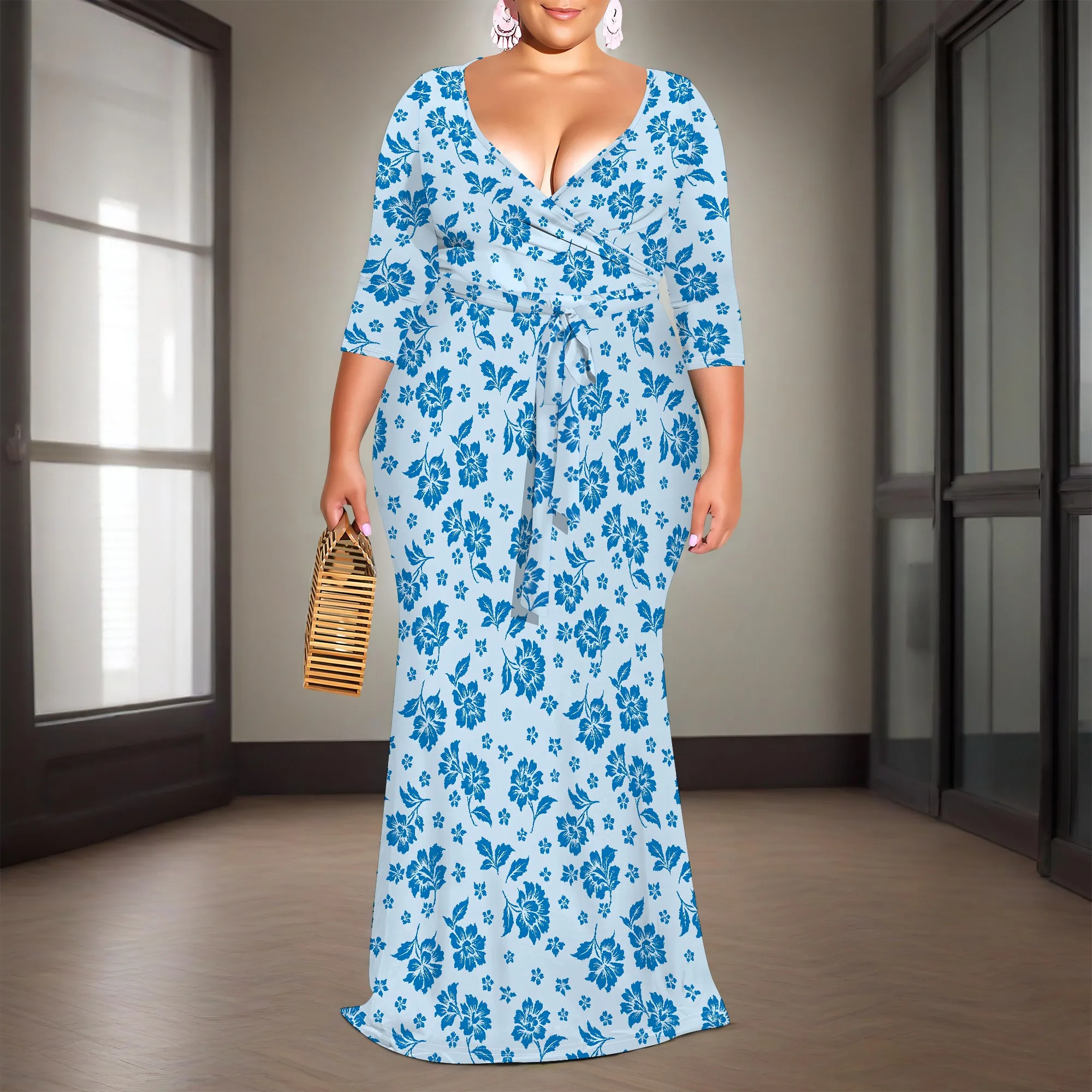 Floral Dress for Women Summer Casual V-Neck 3/4 Sleeve Wrap Tunic with Belt Sundress Flowy Long Maxi Dresses