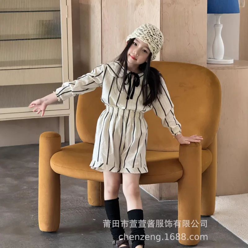 26 Spring Summer Stripe Girls' Palace Shorts 2piece Set Long Sleeve Doll Shirt Bubble Kid Pants Suit 3-12 Years Outfit Clothes